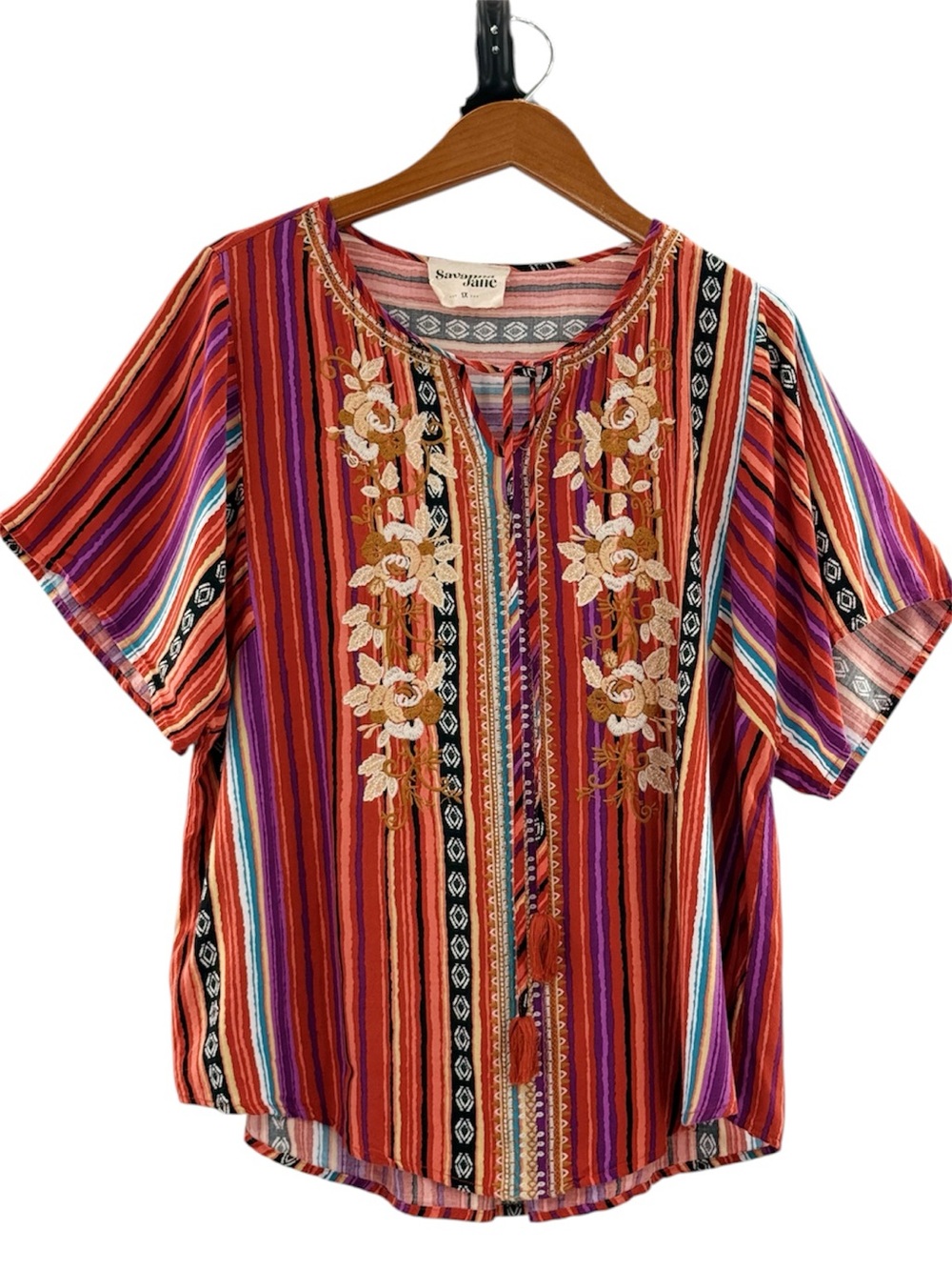 Savanna Jane 1X Embroidered Boho Peasant Top Tassel Tie Striped Floral - Picture 10 of 14